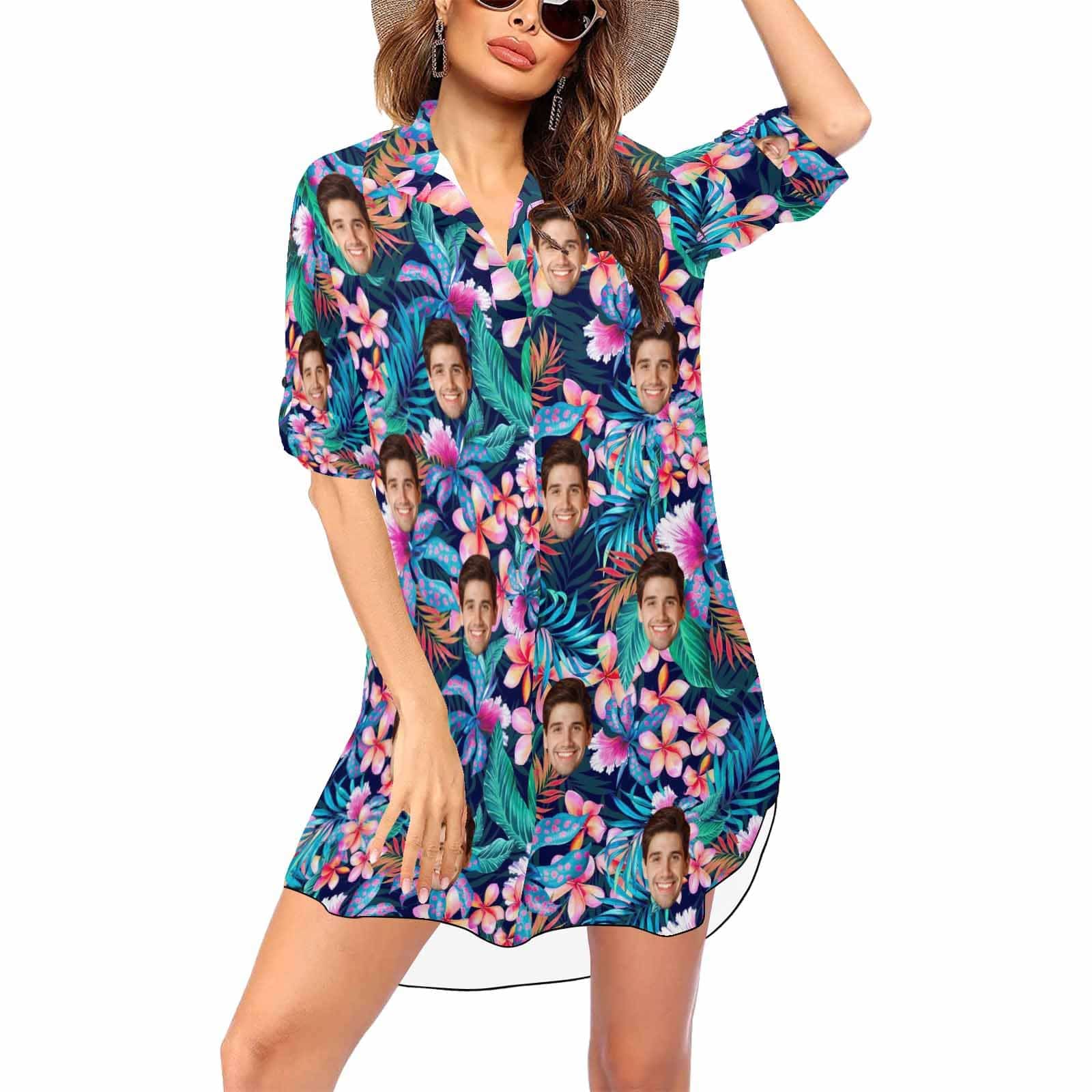 Custom Flower Face Chiffon Shirt Dress Cover Up Personalized V-Neck Bikini Beach Tunic Top