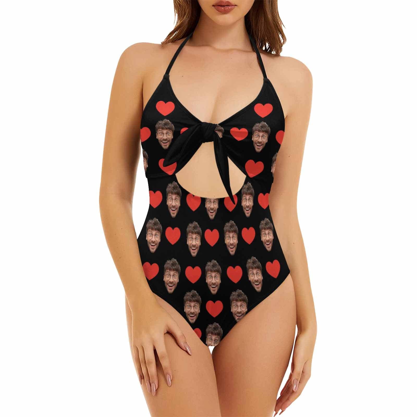 Custom Heart Face Black Backless Bow One Piece Swimsuit Personalized Beach Pool Outfit