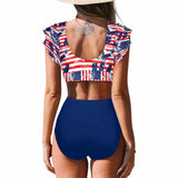 [Up to 5XL] Custom Face American Flag Ruffle Sleeve Bikini Swimsuit Personalized Bathing Suit