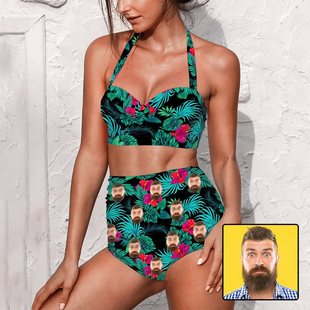 Custom Face Flowers Green Strap Two-piece Bikini Swimsuit