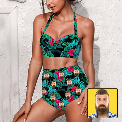 Custom Face Flowers Green Strap Two-piece Bikini Swimsuit