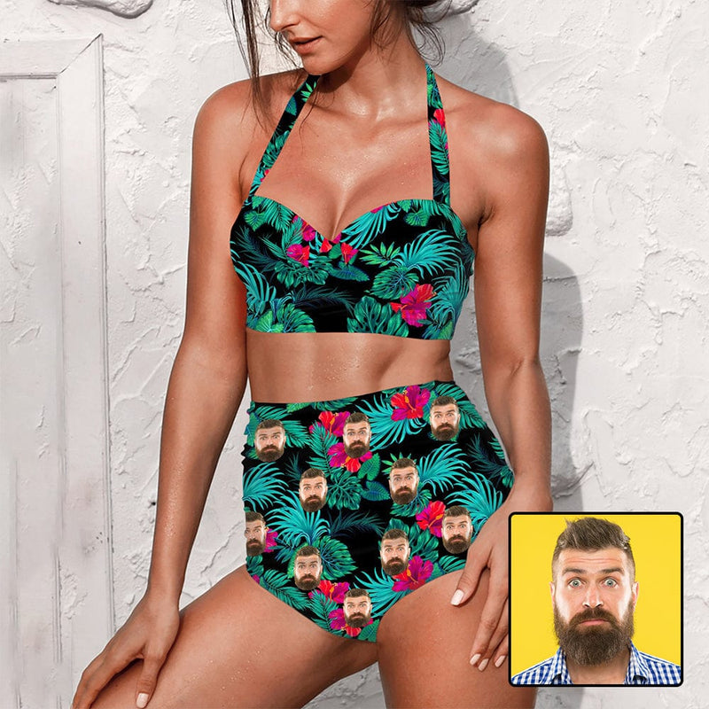 Custom Face Flowers Green Strap Two-piece Bikini Swimsuit