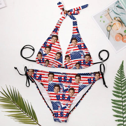 Plus Size Custom American Flag Face Halter Triangle Bikini Personalized High Waisted Bikini Swimsuit Two Piece Summer Beach Pool Outfits