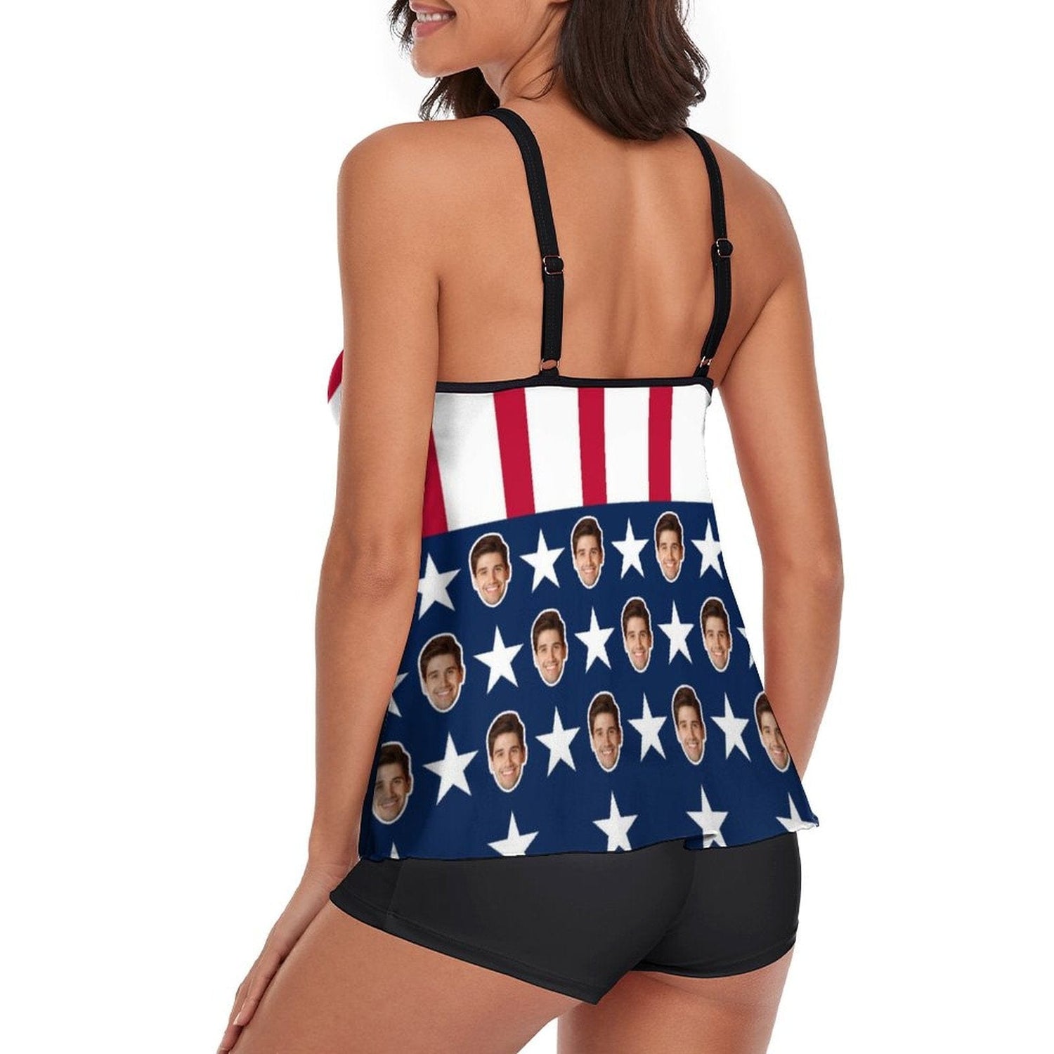 Custom American Flag Face Tankini Bathing Suit Personalized Two Piece Summer Beach Pool Swimsuit