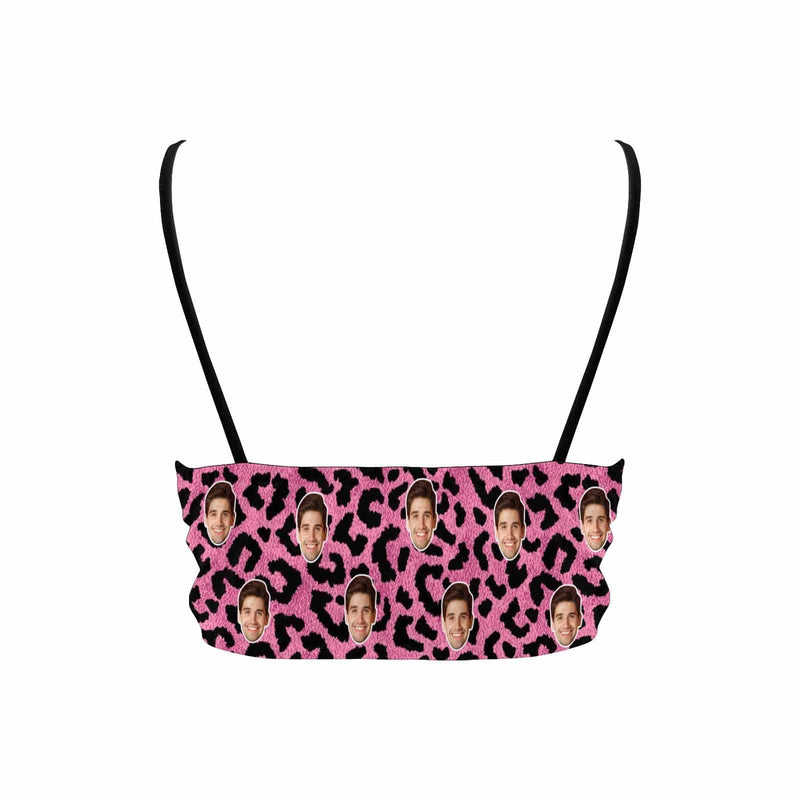 Custom Pink Leopard Face Deep V Neck Personalized Bikini Swimsuit Top