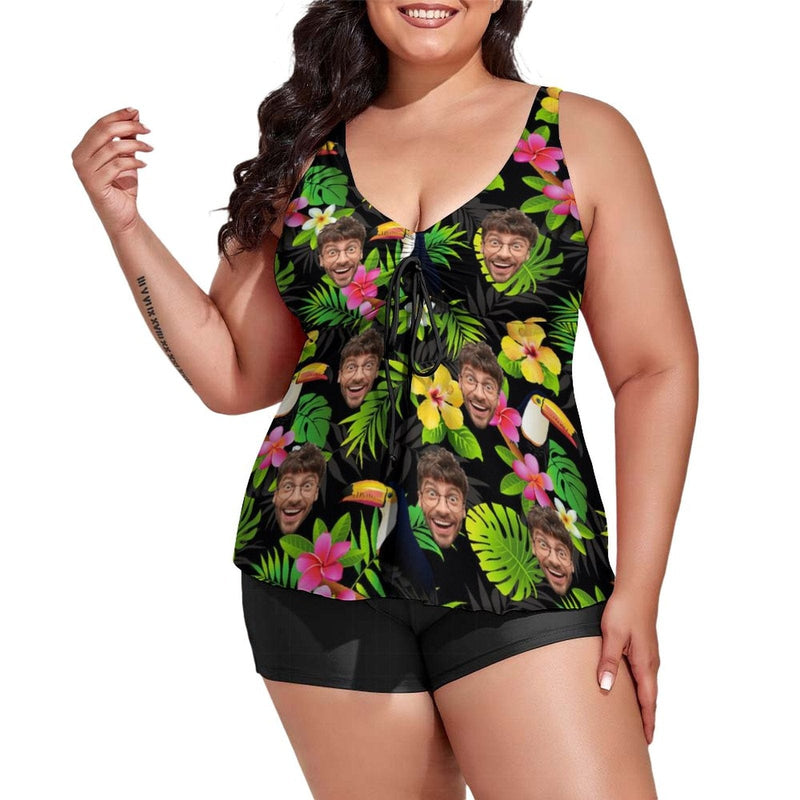 Plus Size Custom Dark Green Flower Face Tankini Bathing Suit Personalized Two Piece Swimsuit