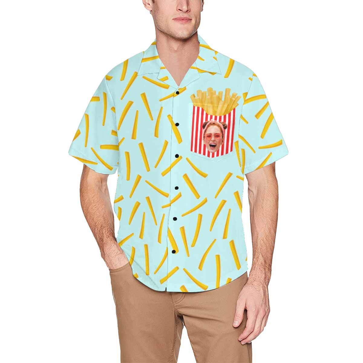 Custom Face French Fries Hawaiian Shirt With Chest Pocket Personalized Aloha Shirt