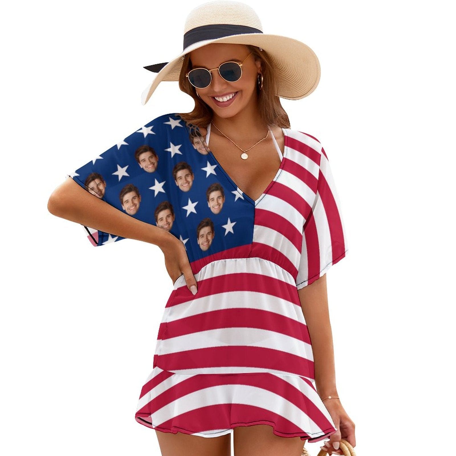 Custom Stars&amp;Stripes Face Cover Up Dress Personalized One Piece Cover Up Summer Outfit