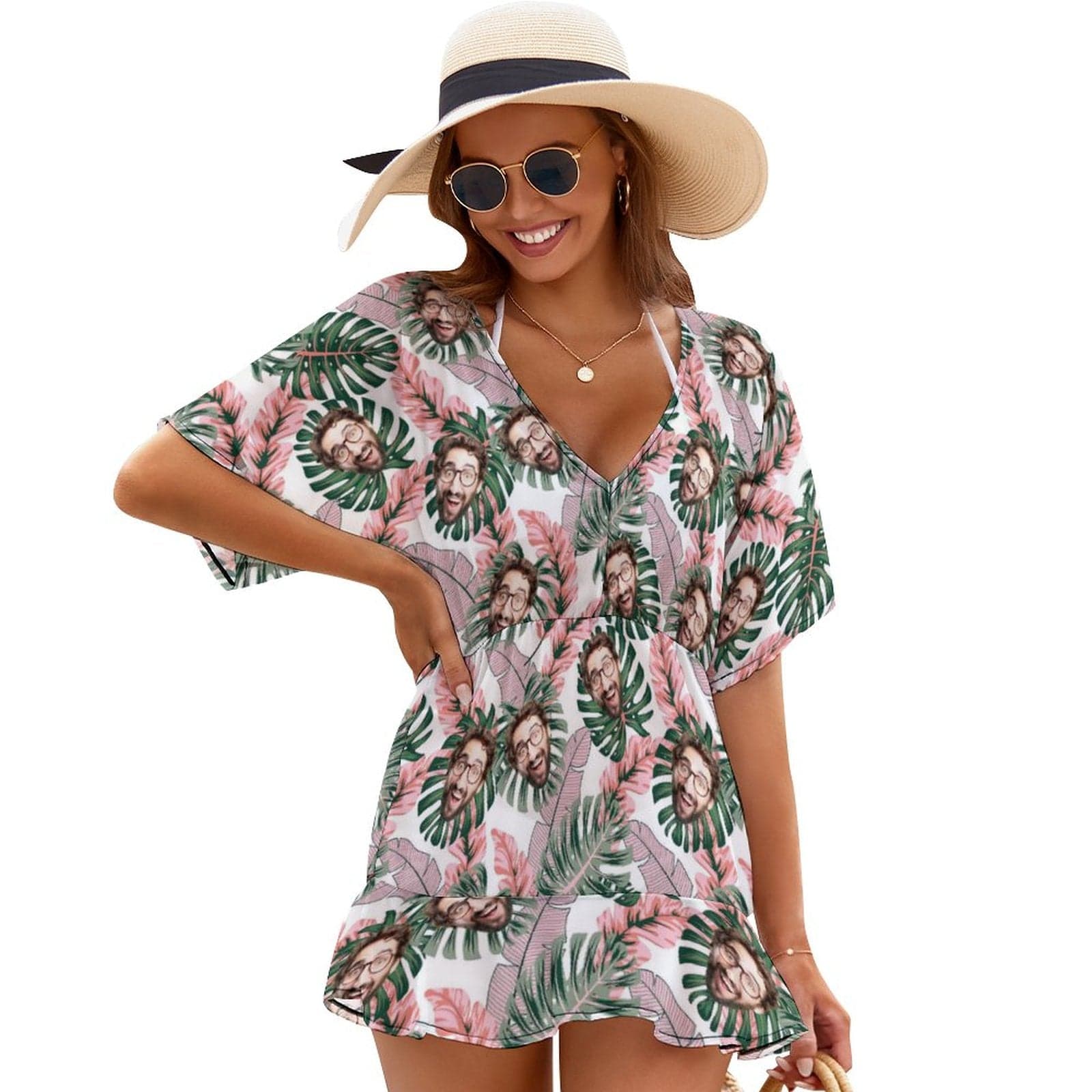 Custom Face Leaves Cover Up Dress Personalized One Piece Cover Up