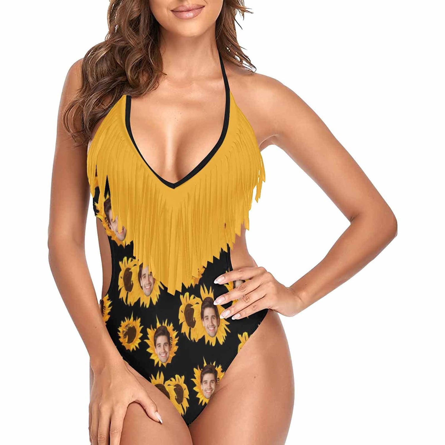 Custom Sunflower Face Fringe One Piece Swimsuit Personalized Beach Pool Outfit