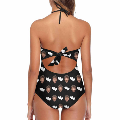 Custom Black White Heart Face Lace Sling One Piece Swimsuit Personalized Beach Pool Outfit Honeymoons Party