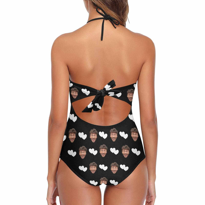 Custom Black White Heart Face Lace Sling One Piece Swimsuit Personalized Beach Pool Outfit Honeymoons Party