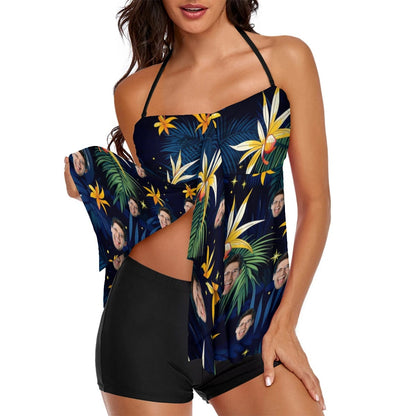 Custom Face Split Swimsuit Personalized Flower Face Two Piece Swimsuit Tankini For Women