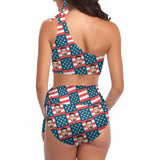 Custom Face Flag Print Red Blue High Waisted One Shoulder Bikini Set