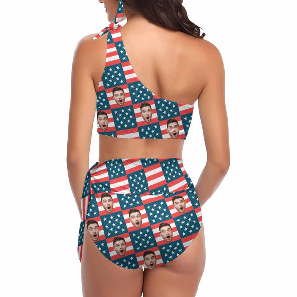 Custom Face Flag Print Red Blue High Waisted One Shoulder Bikini Set