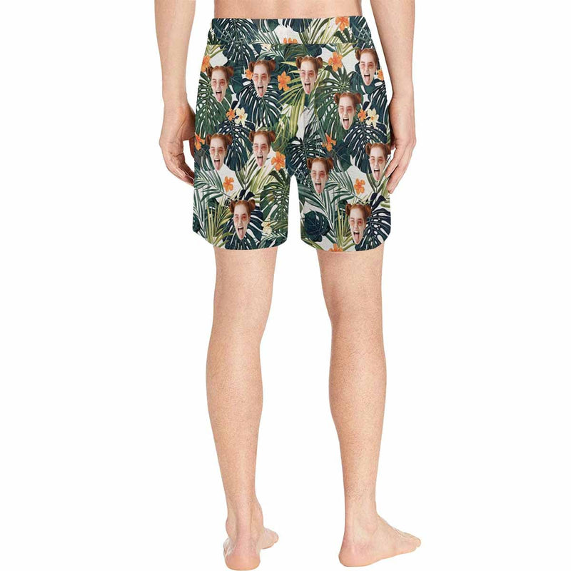 Custom Dark Leaves Face Drawstring Swim Shorts Personalized Gift for Him