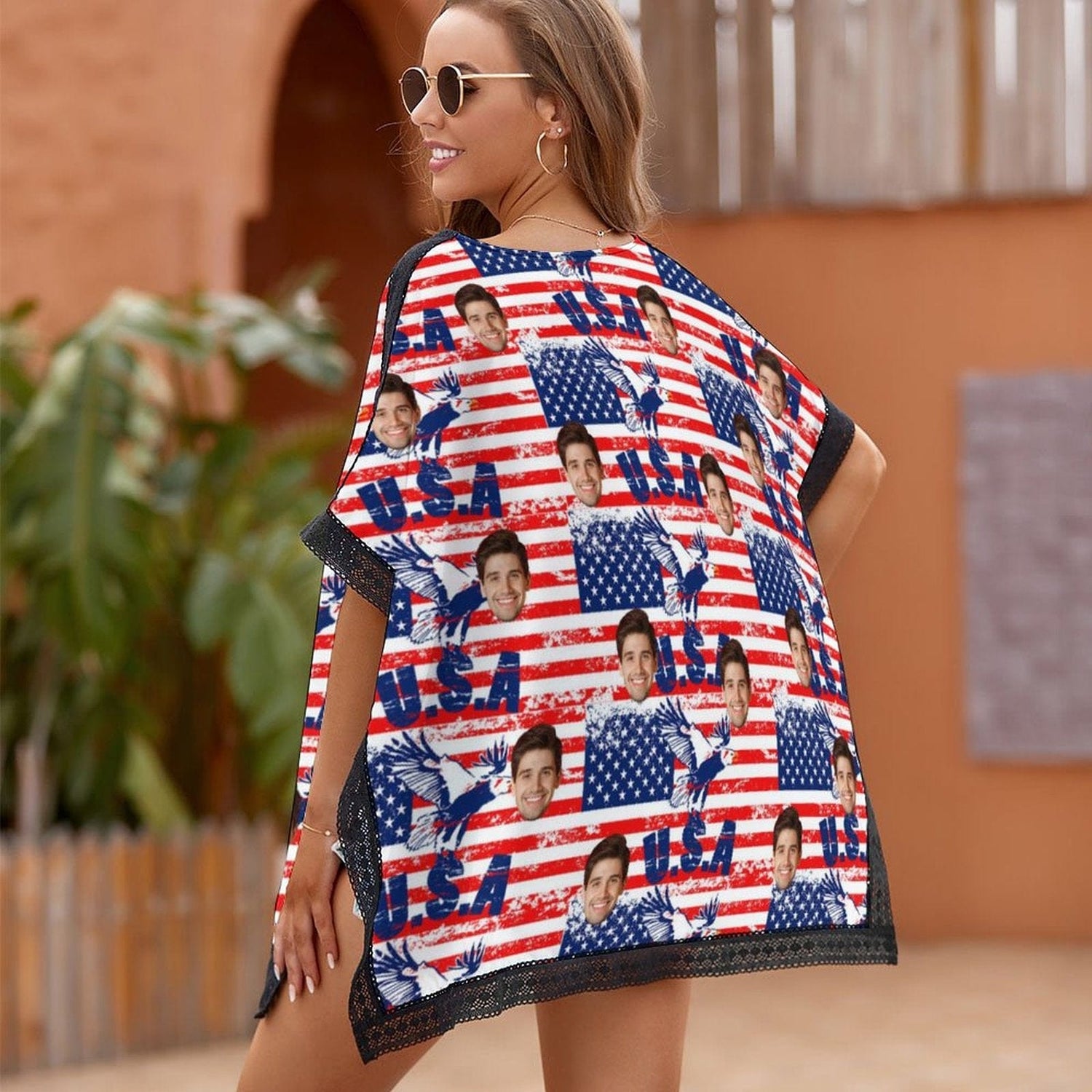 Custom Ameraican Flag Face Cover Up Personalized One Piece Cover Up Summer Beach Pool Outfit