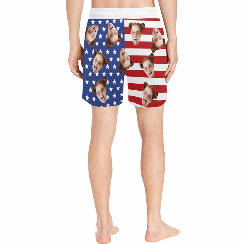 Custom American Flag Face Drawstring Swim Shorts Personalized Gift for Him