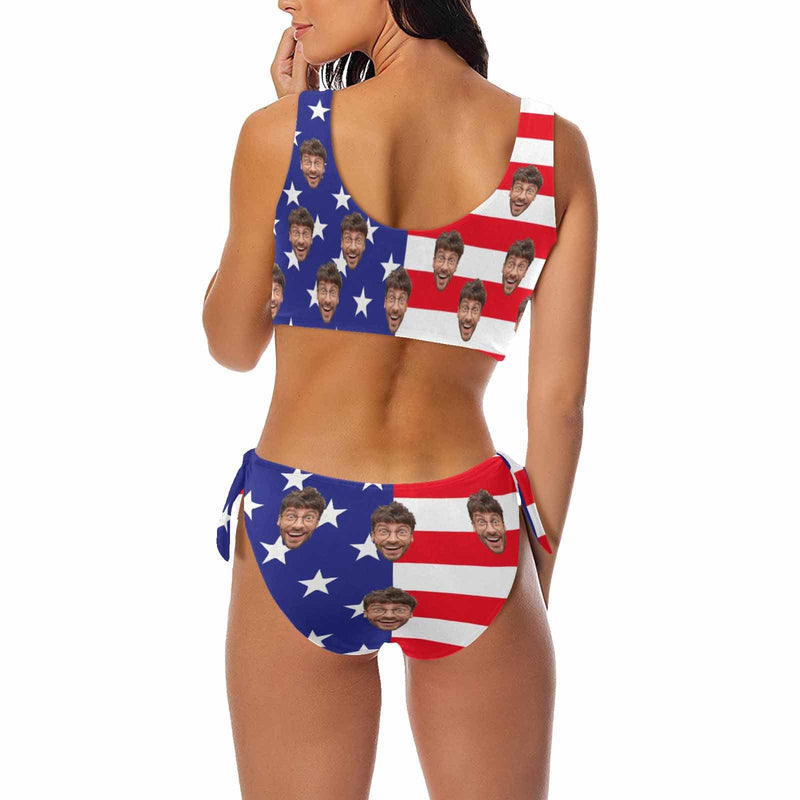 Custom American Flag Face Chest Strap Low Waisted Bikini Personalized Two Piece Swimsuit