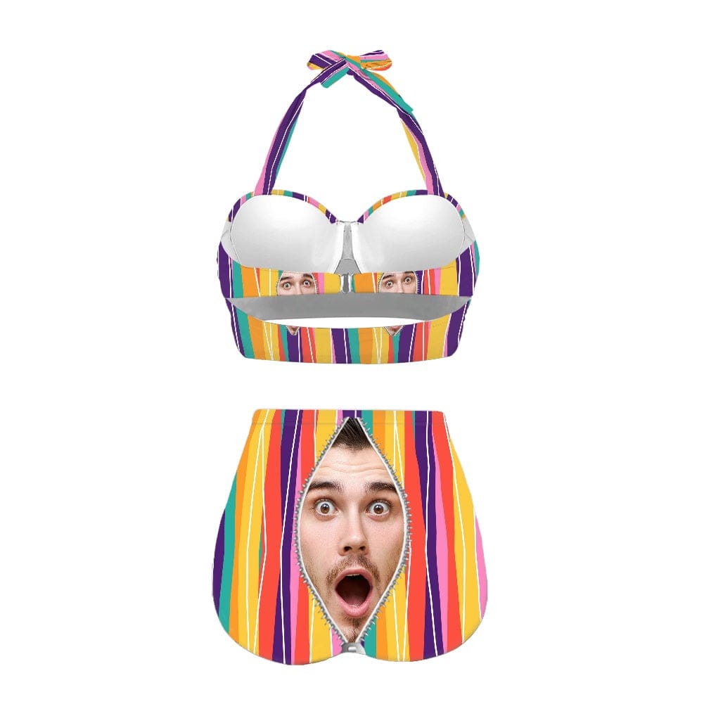 Custom Face In Zipper Rainbow Stripes Strap Two-piece Bikini Swimsuit