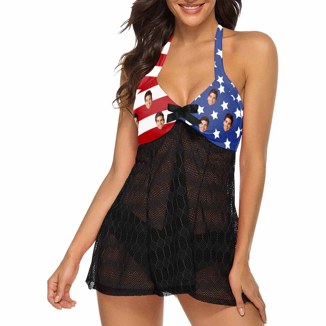 Custom American Flag Face Lace Low Waisted Tankini Personalized Sexy Swim Dress Beach Outfit