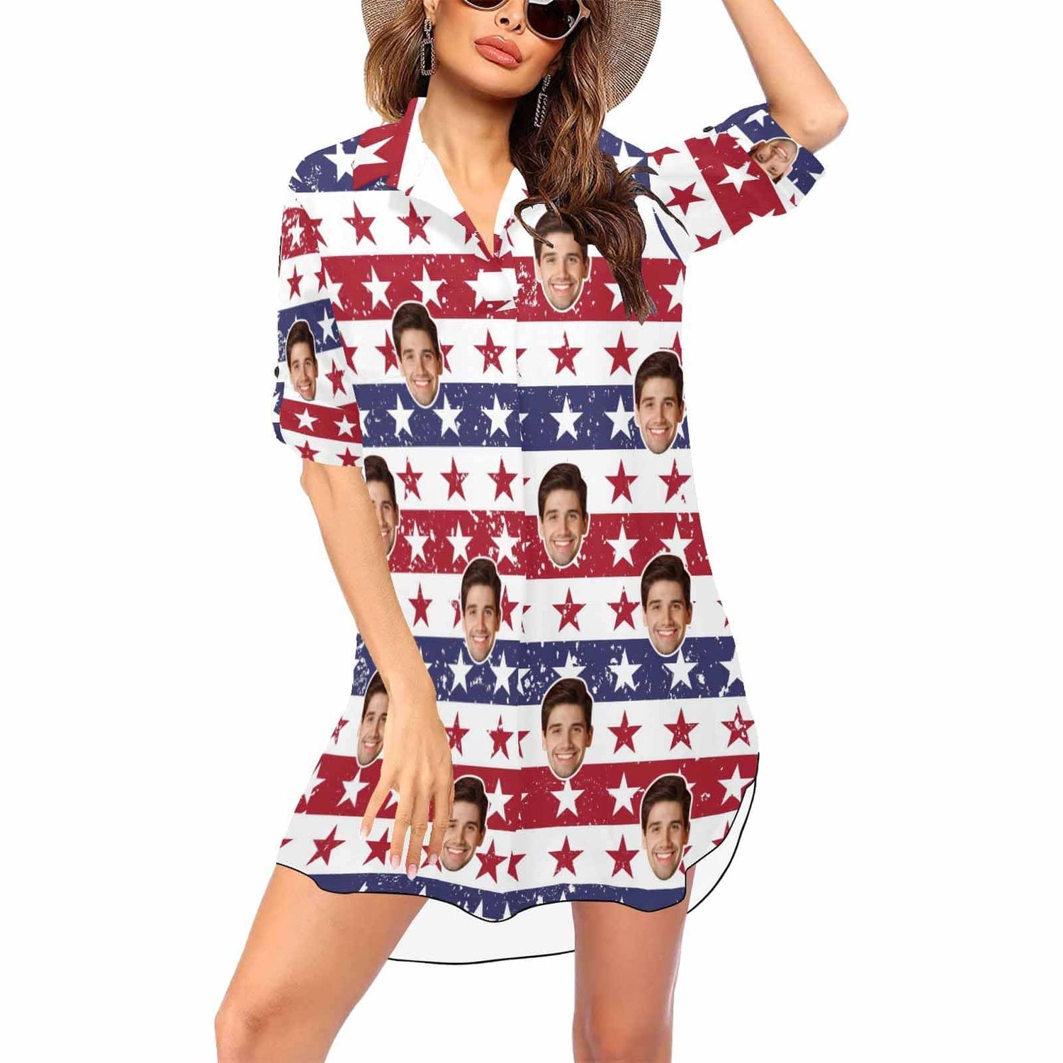 Custom Flag Face Stripes Chiffon Shirt Dress Cover Up Personalized V-Neck Bikini Beach Tunic Top