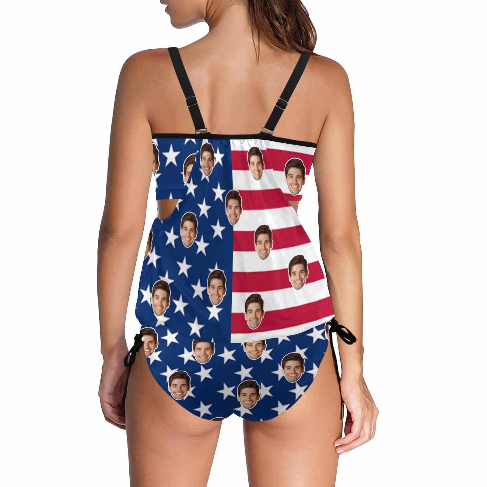 Custom American Flag Face Tankini Personalized Bikini Top Set Swimwear Two Piece Bathing Suit