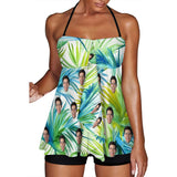 Custom Face Split Swimsuit Personalized Green Two Piece Swimsuit Tankini For Women