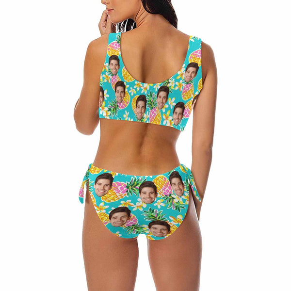 Custom Pineapple Face Low Waisted Strap Bikini Personalized Two Piece Swimsuit Bathing Suit