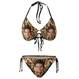 Plus Size Custom Leopard Face Halter Strings Triangle Bikini Personalized Two Piece Swimsuit