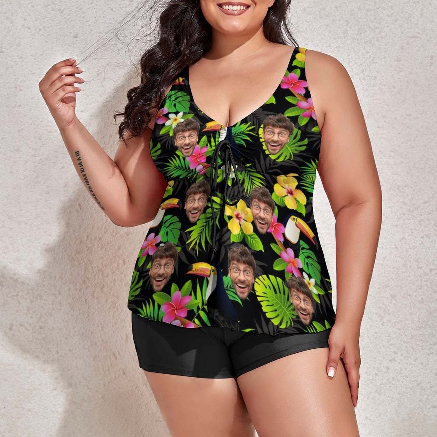 Plus Size Custom Dark Green Flower Face Tankini Bathing Suit Personalized Two Piece Swimsuit