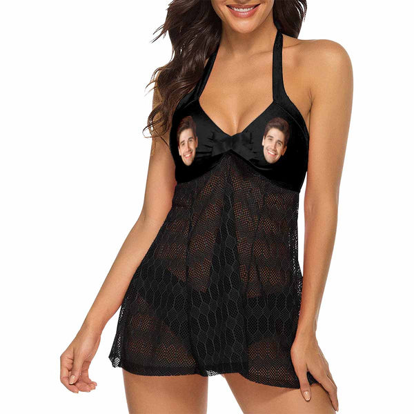 Custom Face Black Lace Low Waisted Tankini Personalized Sexy Swim Dress Beach Outfit