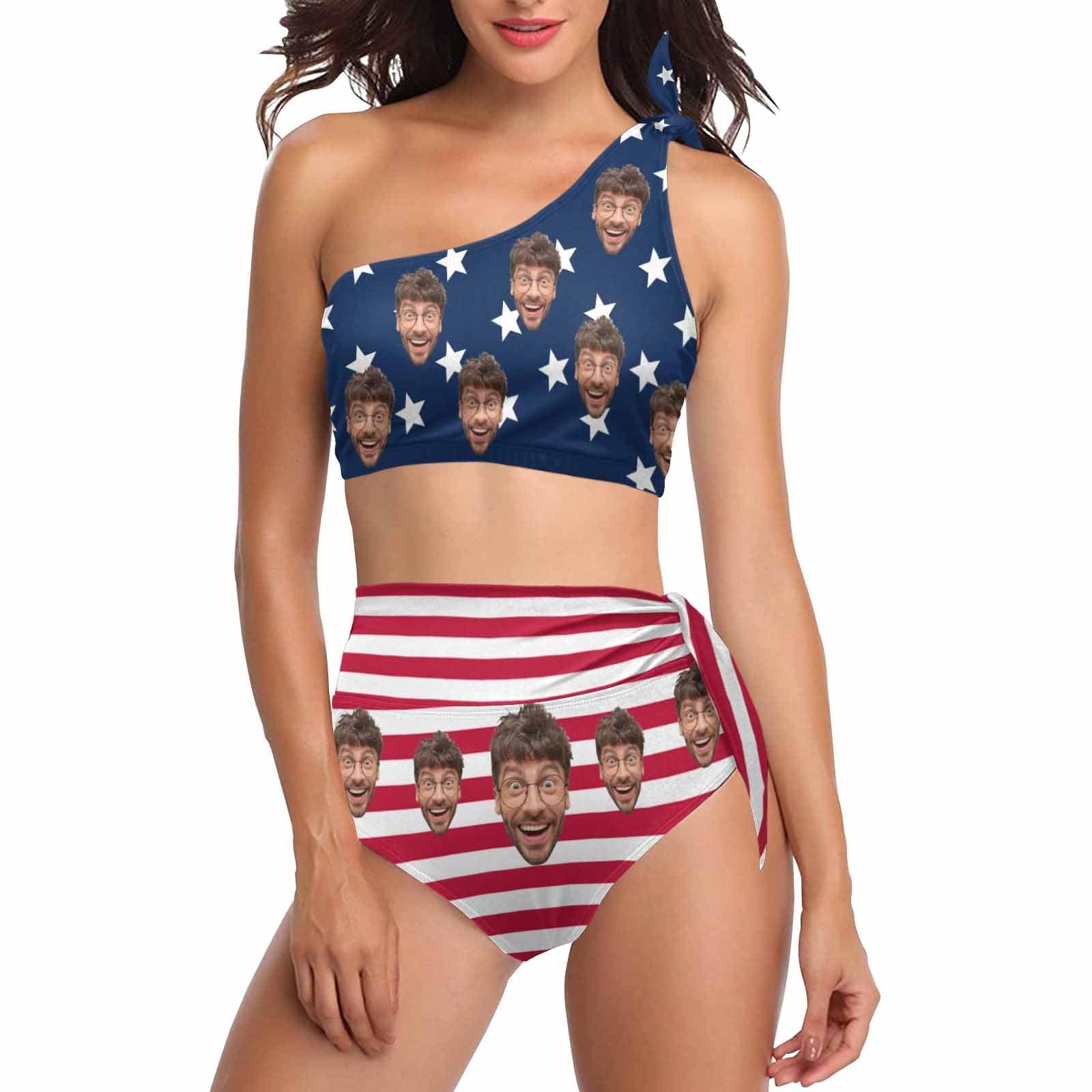 Custom Face Flag Print Red Blue Waisted One Shoulder Bikini Set