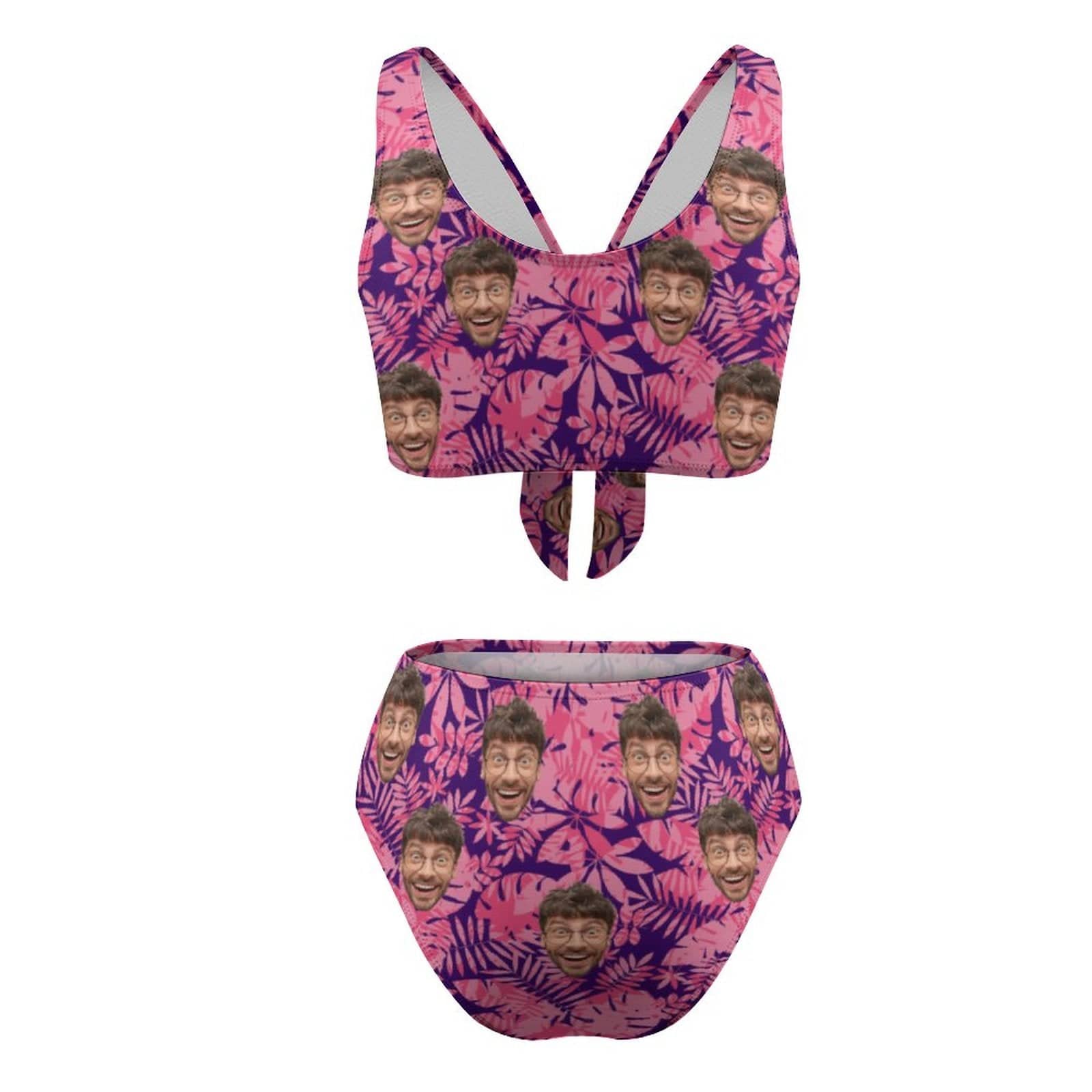 Custom Pink Leaves Face High Waist Long Strap Bikini Personalized Two Piece Swimsuit Bathing Suit