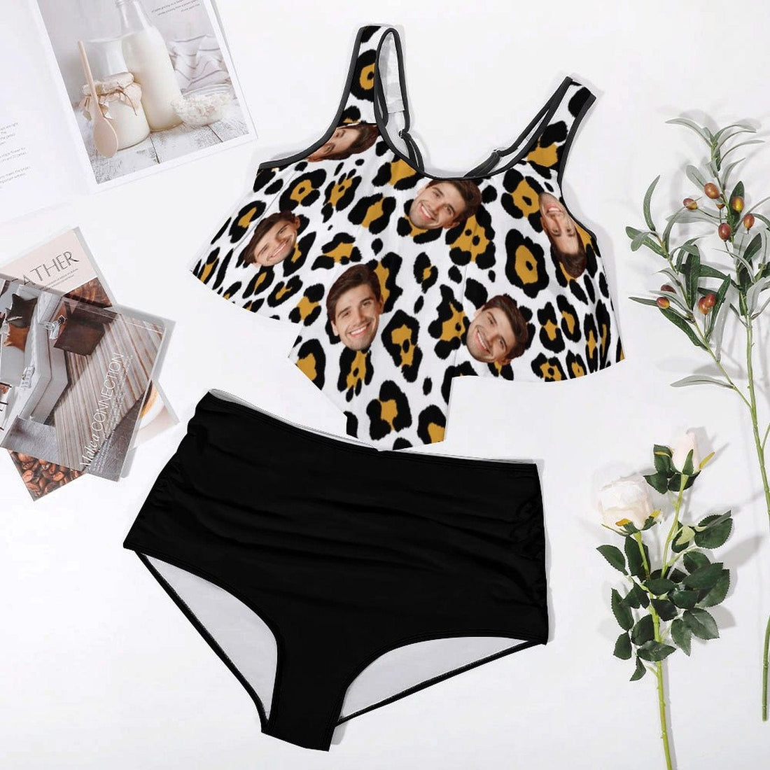 Plus Size Custom White&amp;Black Leopard Long Ruffle Hem Bikini Personalized High Waisted Bikini Swimsuit Two Piece Summer Beach Pool Outfits