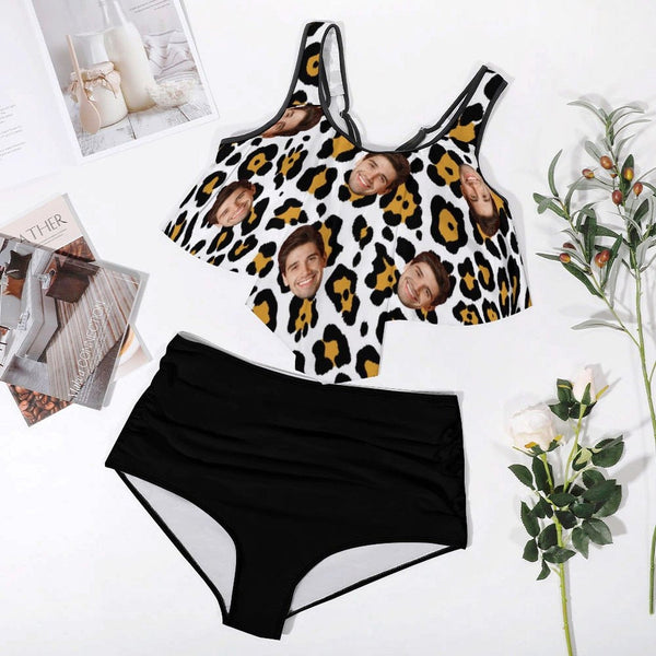 Plus Size Custom White&Black Leopard Long Ruffle Hem Bikini Personalized High Waisted Bikini Swimsuit Two Piece Summer Beach Pool Outfits