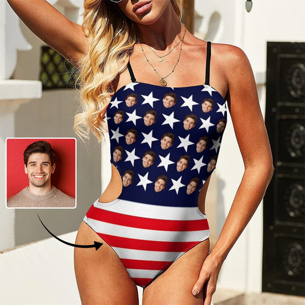 Custom American Flag Face Open Waist Sling One Piece Swimsuit Personalized Summer Beach Pool Outfit