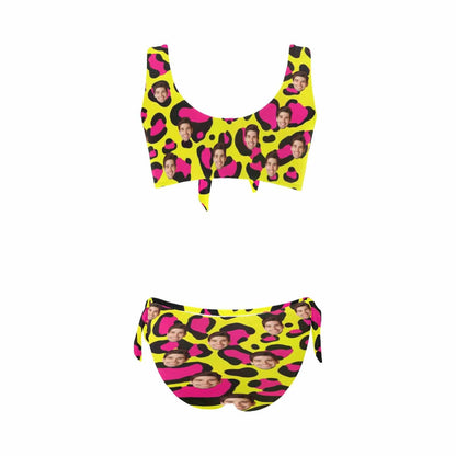 Custom Yellow Leopard Face Chest Strap Low Waisted Bikini Personalized Two Piece Swimsuit Bathing Suit