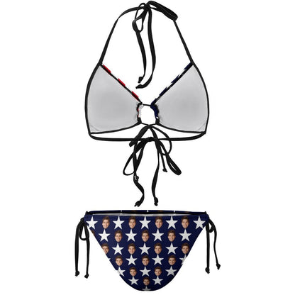 Plus Size Custom American Flag Face Halter Strings Triangle Bikini Personalized Two Piece Swimsuit