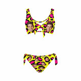 Custom Yellow Leopard Face Chest Strap Low Waisted Bikini Personalized Two Piece Swimsuit Bathing Suit