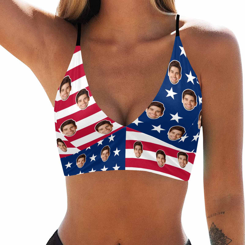 Custom American Flag Face Deep V Neck Personalized Triangle Bikini Swimsuit Top