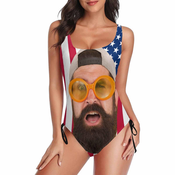Custom American Flag Funny Face Drawstring Side Tank Top Swimsuit Personalized Bathing Suit