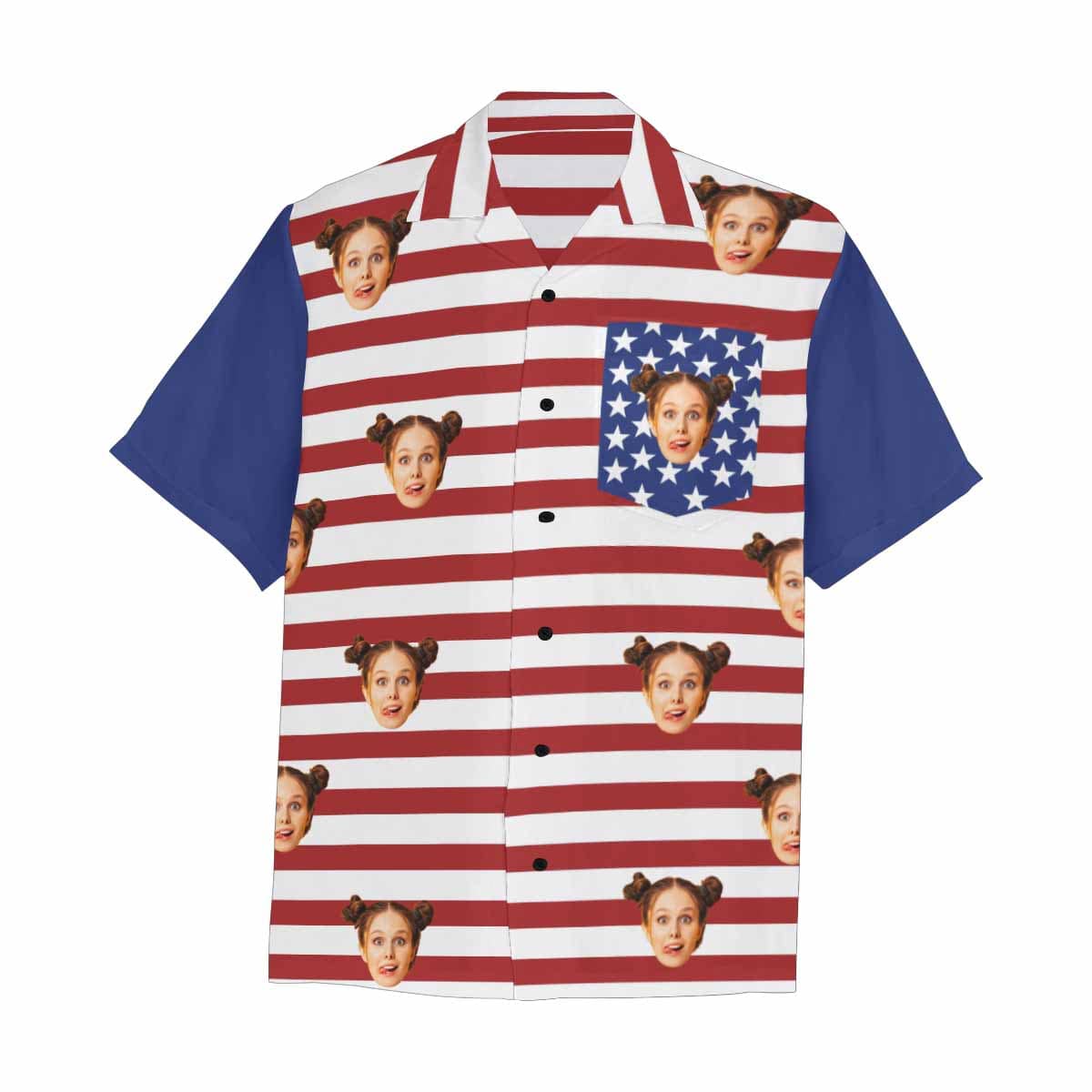 Custom Face American Flag Hawaiian Shirt With Chest Pocket Personalized Aloha Shirt