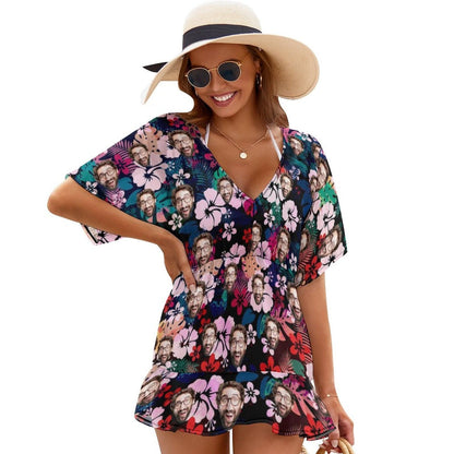 Custom Face Dark Flower Cover Up Dress Personalized One Piece Cover Up