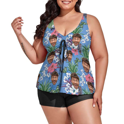 Plus Size Custom Blue Flower Face Tankini Bathing Suit Personalized Two Piece Swimsuit