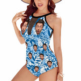 Custom Face Blue Tropical Leaves Women's One Piece Swimsuit High Neck Plunge Mesh Ruched Monokini Swimwear