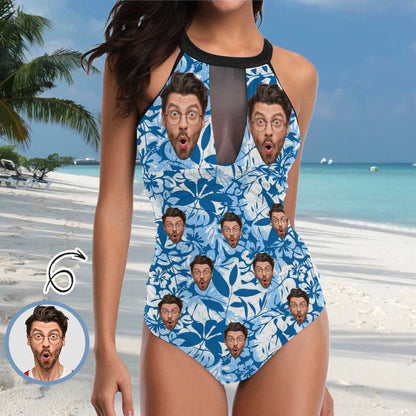 Custom Face Blue Tropical Leaves Women&