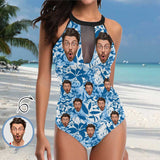 Custom Face Blue Tropical Leaves Women's One Piece Swimsuit High Neck Plunge Mesh Ruched Monokini Swimwear