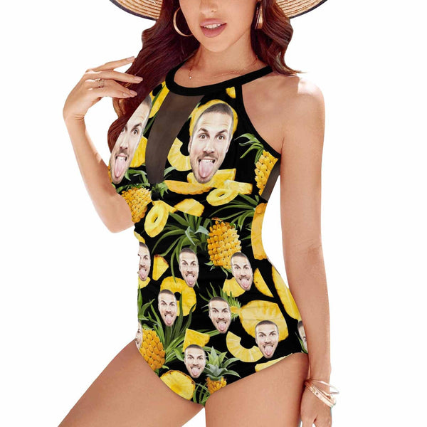 Custom Face Pineapples Women's One Piece Swimsuit High Neck Plunge Mesh Ruched Monokini Swimwear