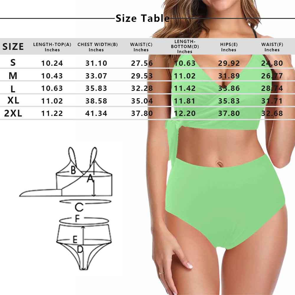 Custom Face White Flower Green Leaf Knot Side Bikini Swimsuit Women&